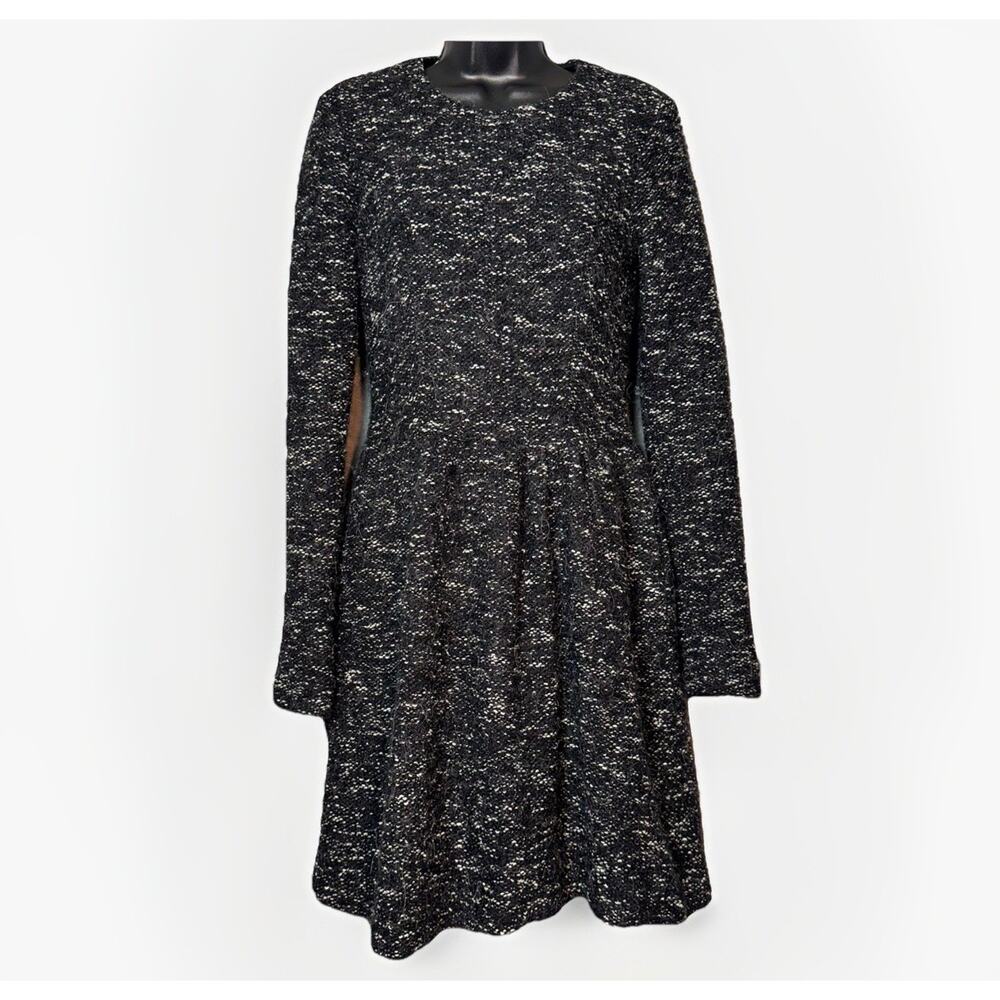 Cue Australia Sz 8 Italian Wool Alpaca Chunky Woven Tweed Black Fit Flare Sleeve